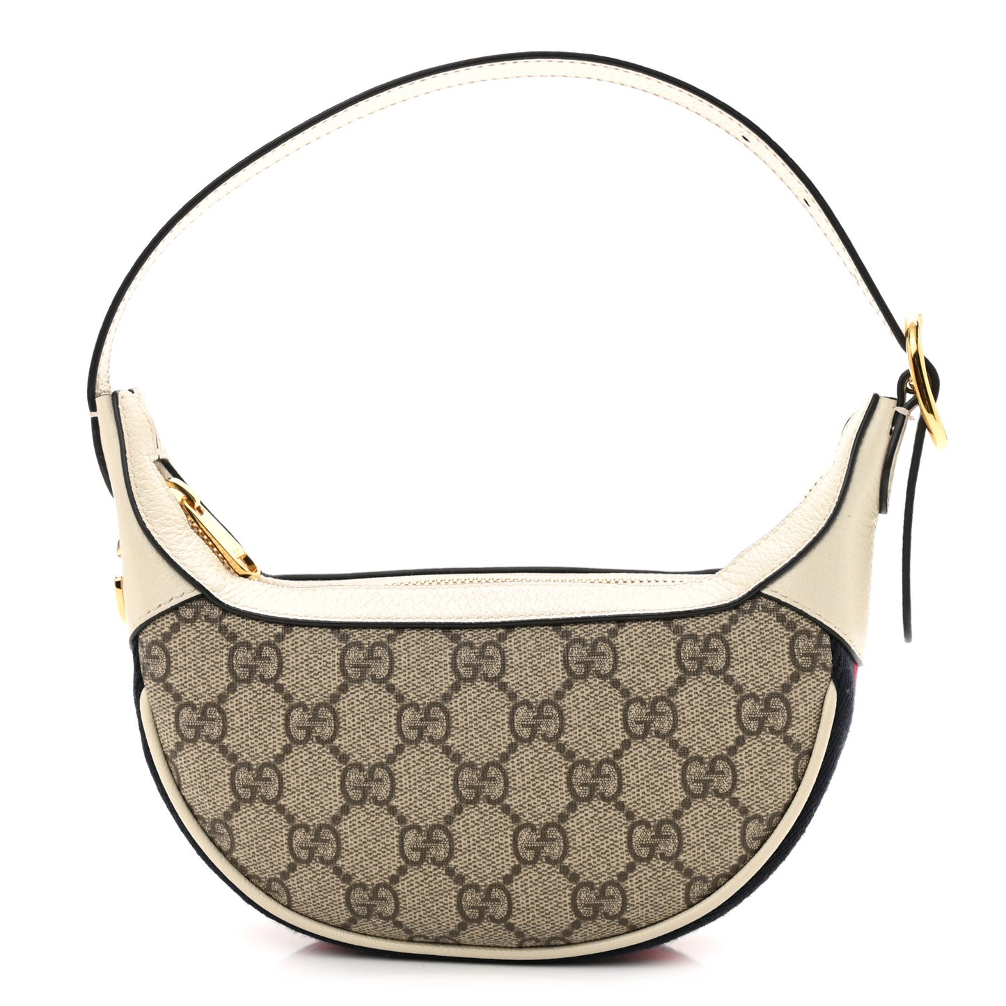 GG Supreme Monogram Textured Dollar Calfskin Web Mini Ophidia Half Moon Hobo Beige Ebony Mystic White