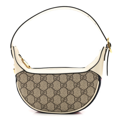 Gucci GG Supreme Monogram Textured Dollar Calfskin Web Mini Ophidia Half Moon Hobo Beige Ebony Mystic White 1 of 12