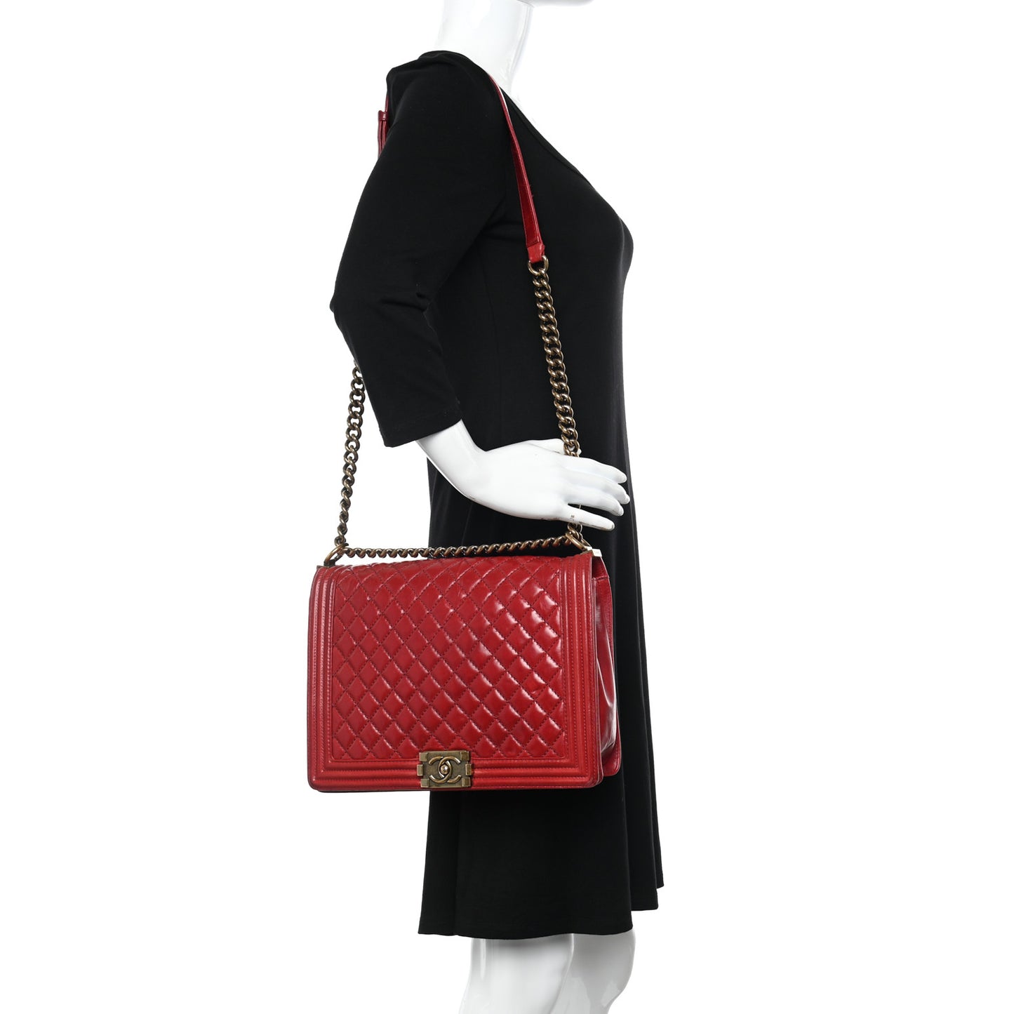 Aged Glazed Calfskin Quilted Large Boy Flap Red