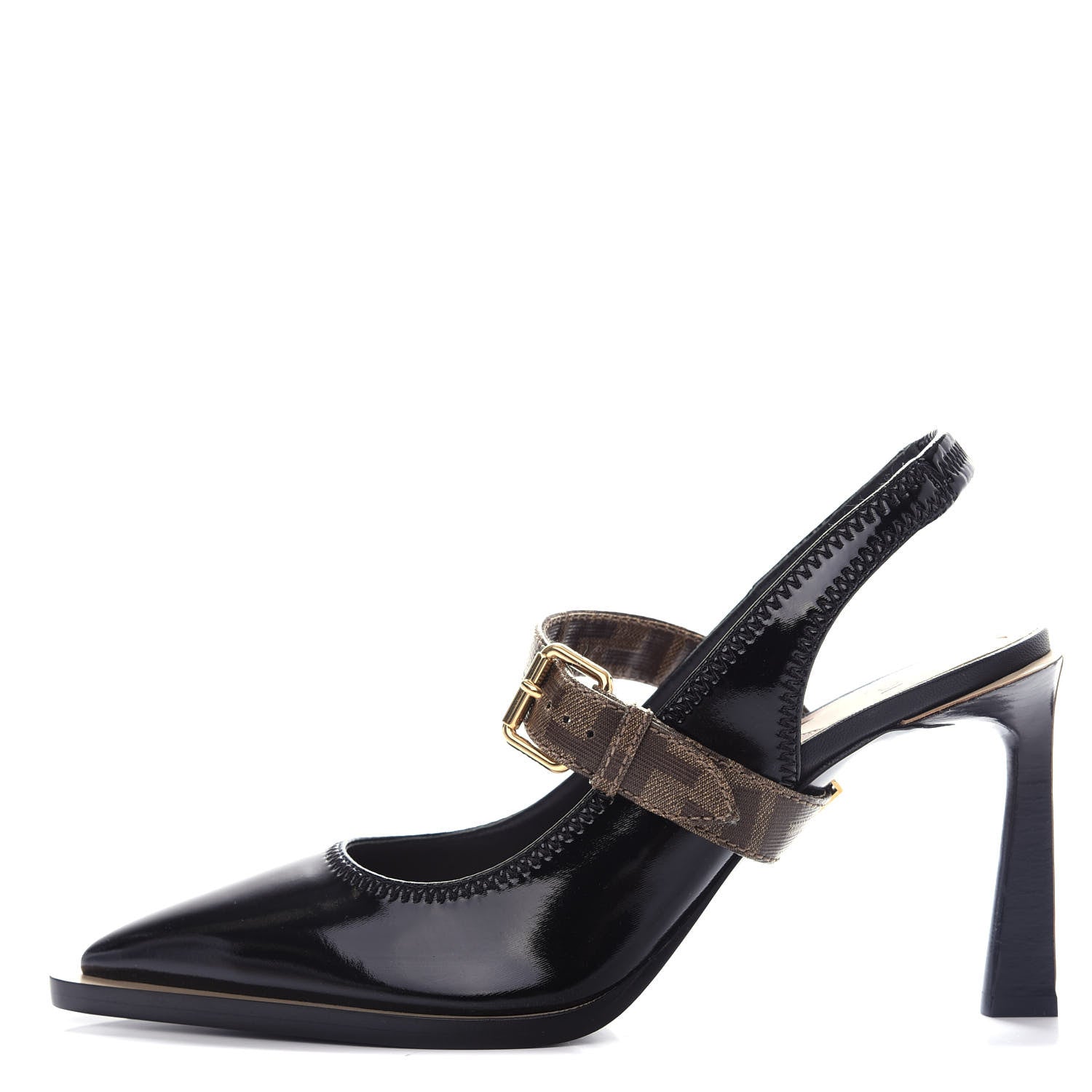 Fendi Glossy Neoprene Glazed Fabric FF FFrame Court Mary Jane Slingback Pumps 39 Black Tobacco Moro 1 of 10