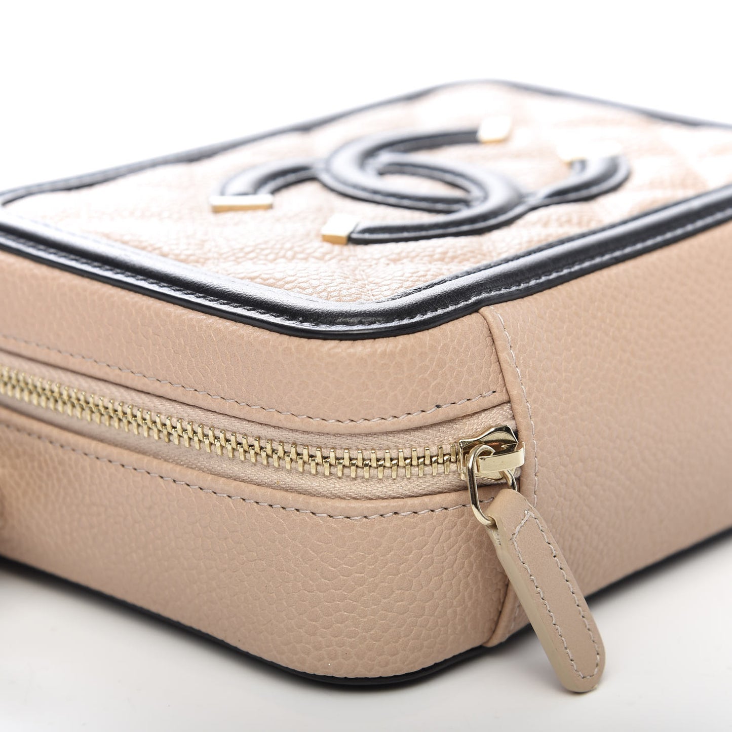 Caviar Quilted CC Filigree Vanity Clutch With Chain Beige Black