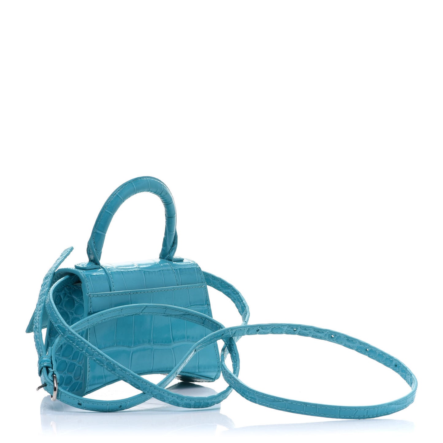 Shiny Calfskin Crocodile Embossed Hourglass Top Handle Bag Mini Turquoise