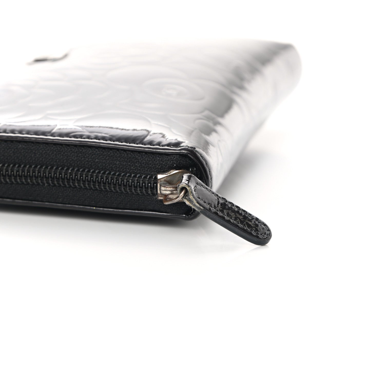 Chanel Patent Camellia Embossed Large Zip Around Gusset Wallet Black 12 of 12