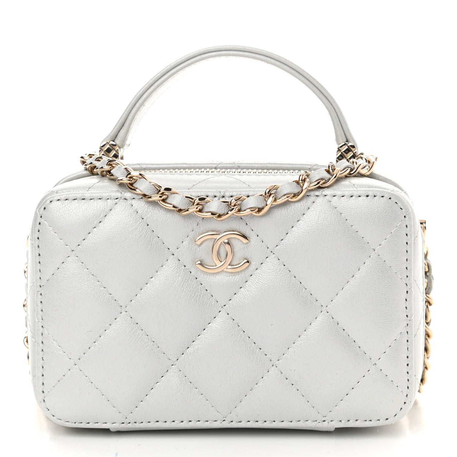 Chanel Metallic Lambskin Quilted Top Handle Vanity Case Silver 3 of 12