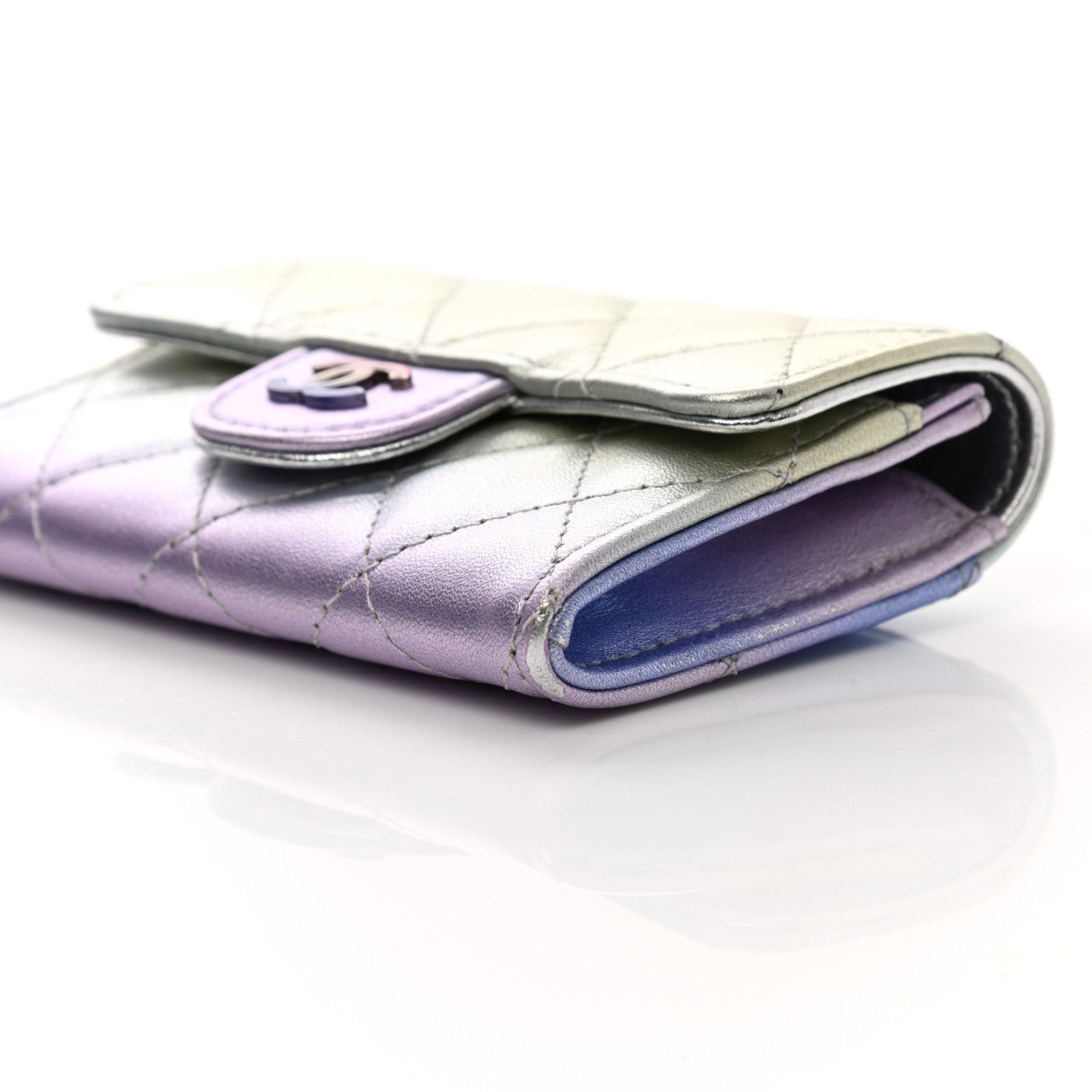 Chanel Gradient Metallic Calfskin Quilted Flap Card Holder Wallet Silver Blue Yellow Purple 10 of 11