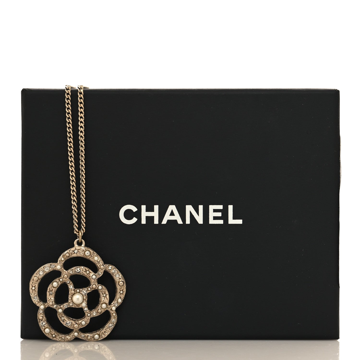 Chanel Pearl Crystal Large Camellia Pendant Necklace Light Gold 5 of 5