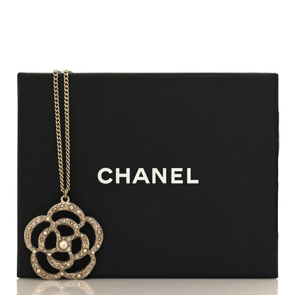 Chanel Pearl Crystal Large Camellia Pendant Necklace Light Gold 5 of 5