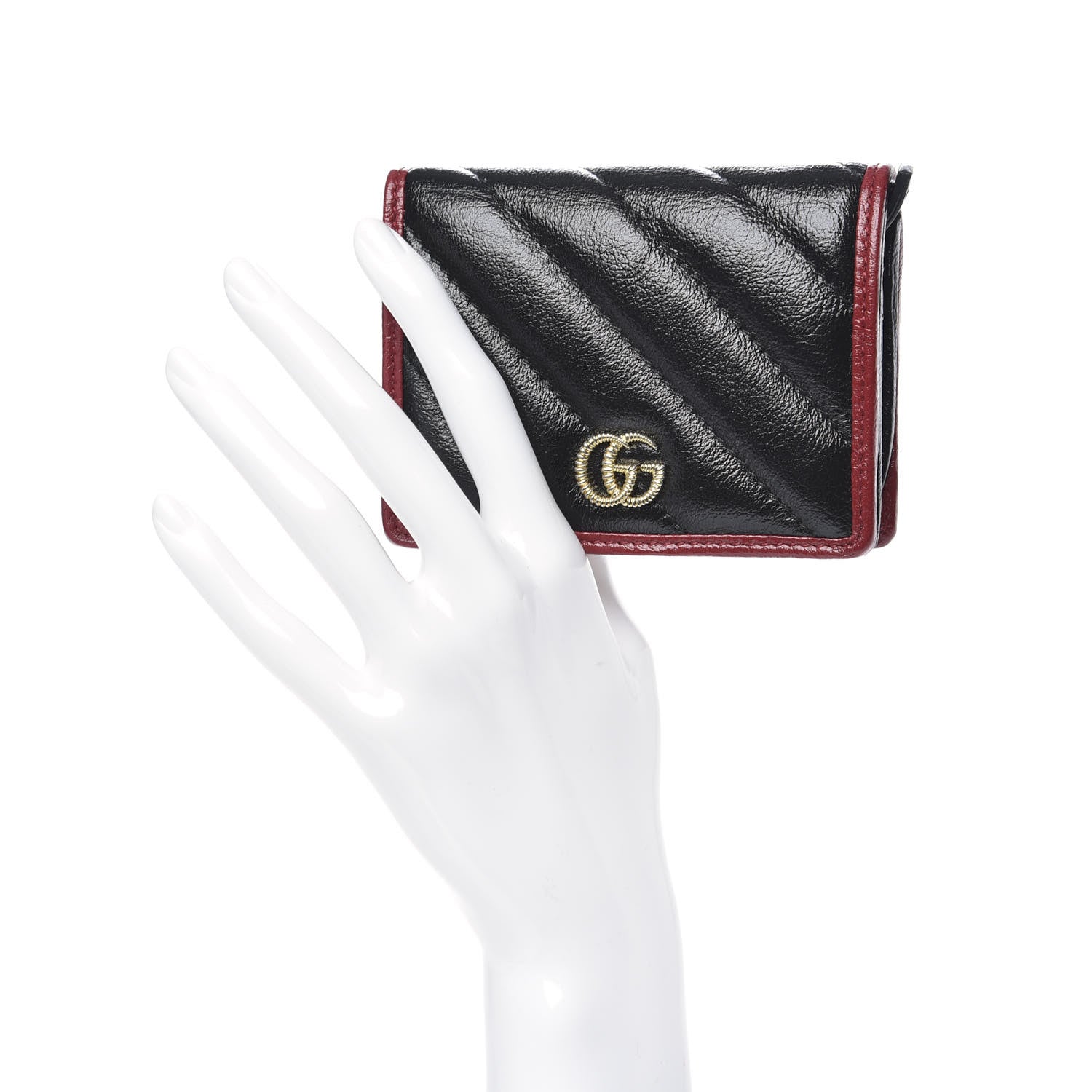 Gucci Vintage Effect Calfskin Matelasse Diagonal Torchon GG Marmont Card Case Wallet Black Romantic Cherry 2 of 8