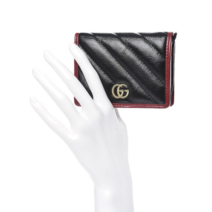 Gucci Vintage Effect Calfskin Matelasse Diagonal Torchon GG Marmont Card Case Wallet Black Romantic Cherry 2 of 8