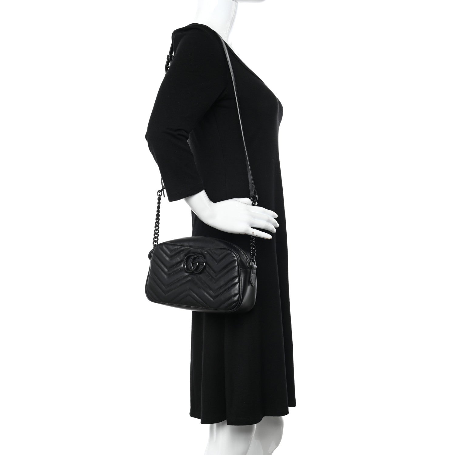 Gucci Calfskin Matelasse Monochrome Small GG Marmont Chain Shoulder Bag Black 2 of 17