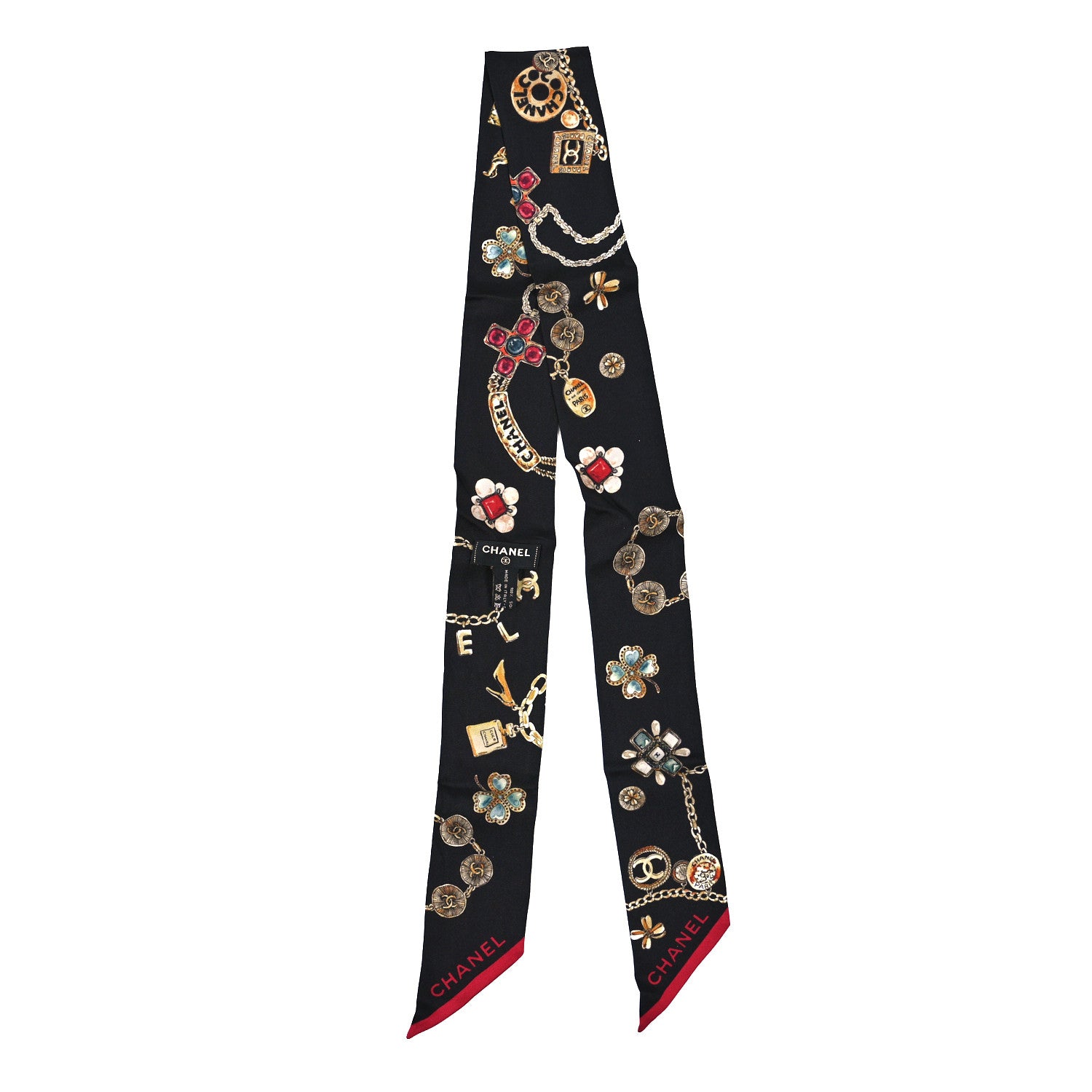 Chanel Silk CC Chain Slim Medallion Bandeau Scarf Black Multicolor 2 of 3