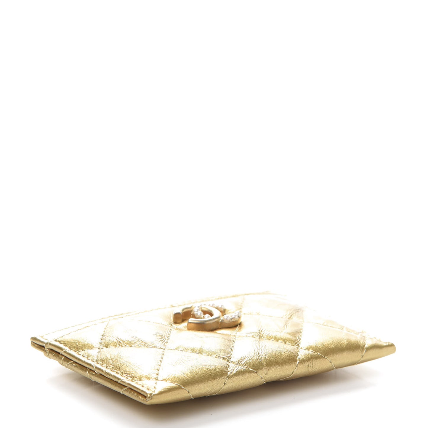 Metallic Distressed Calfskin Quilted CC Card Holder Gold