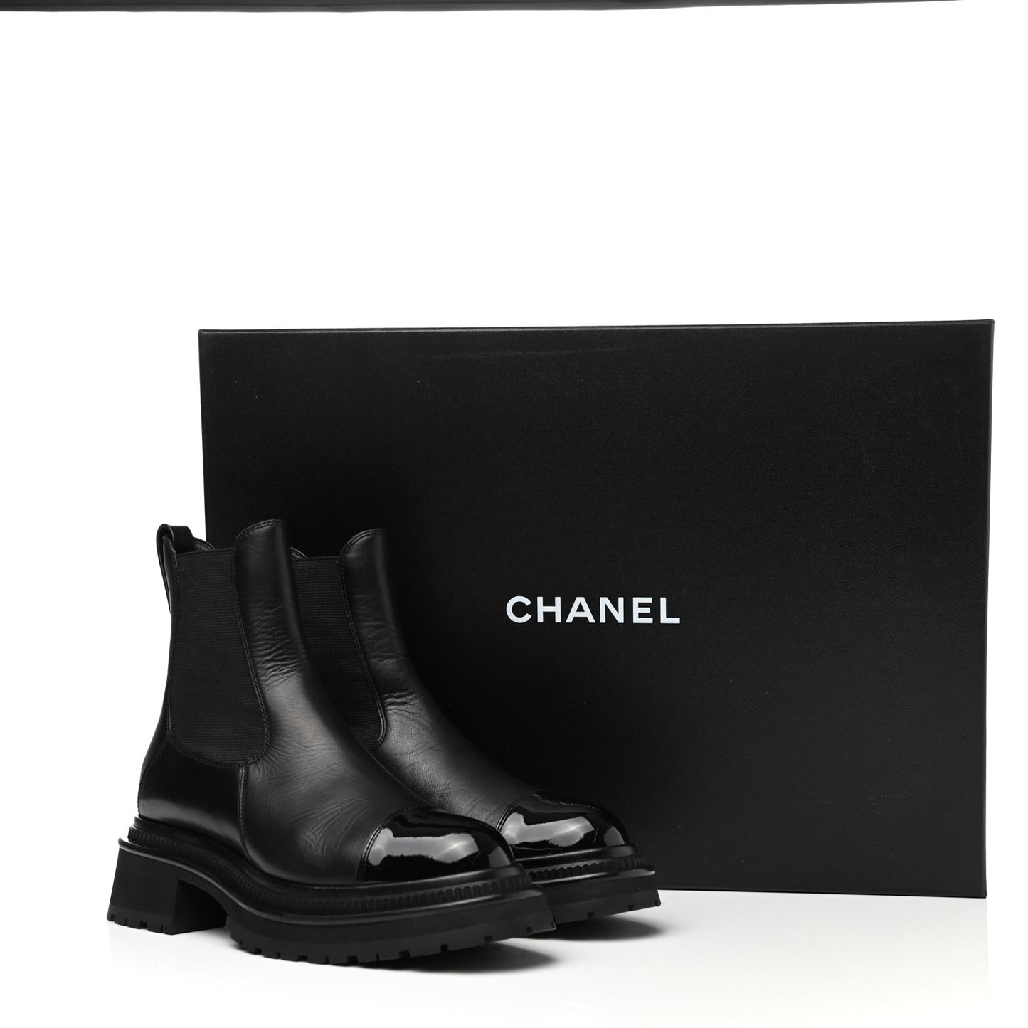 Calfskin Patent Cap Toe Ankle Boots 37.5 Black