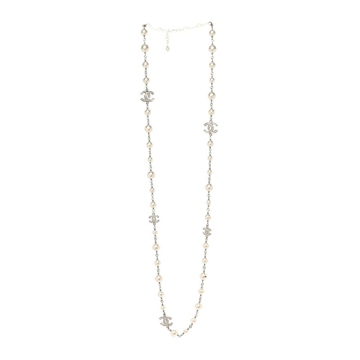 Chanel Graduated Pearl Crystal CC Long Necklace Silver 3 of 6