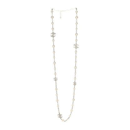 Chanel Graduated Pearl Crystal CC Long Necklace Silver 3 of 6
