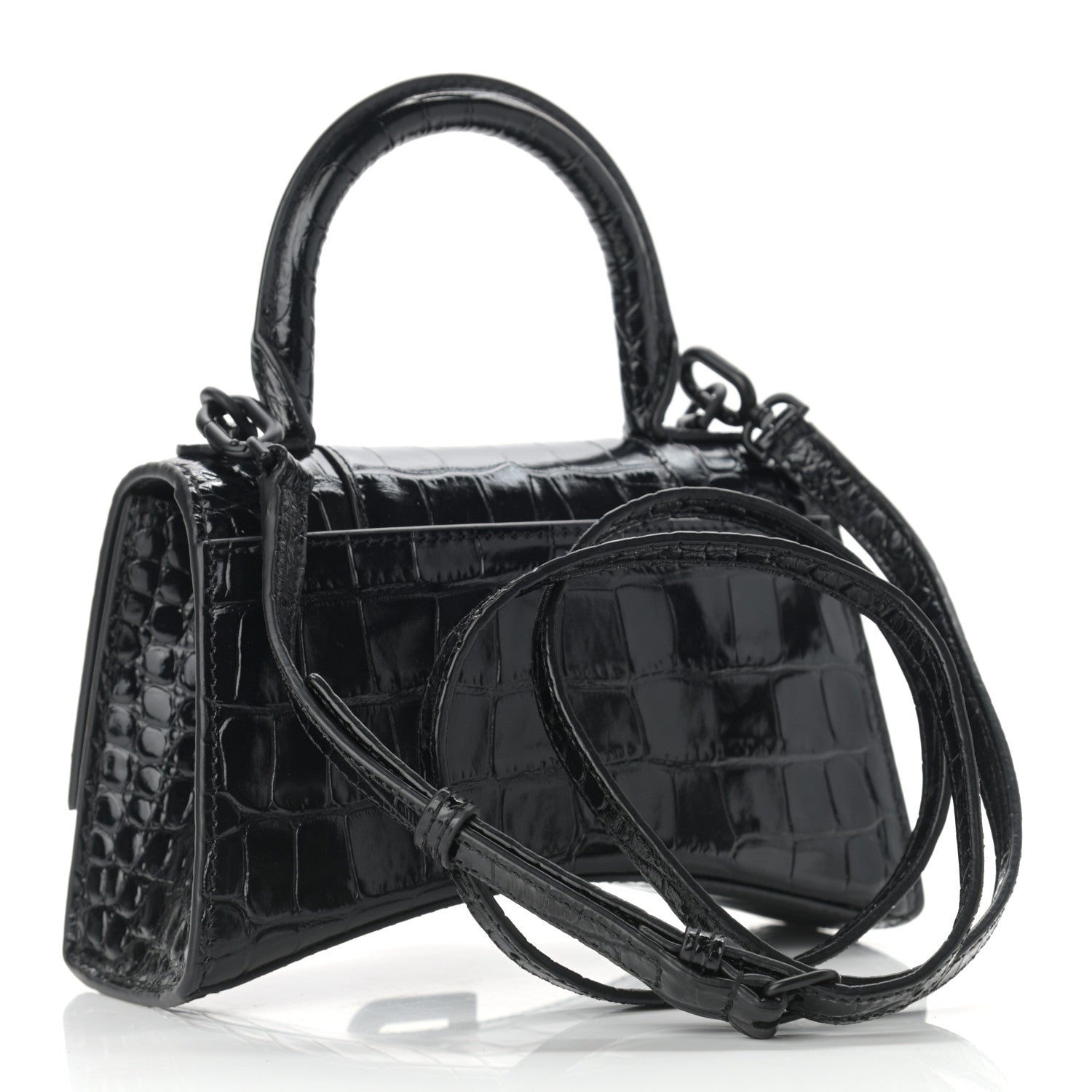 Balenciaga Shiny Calfskin Monochrome Crocodile Embossed Hourglass Top Handle Bag XS Black 3 of 11