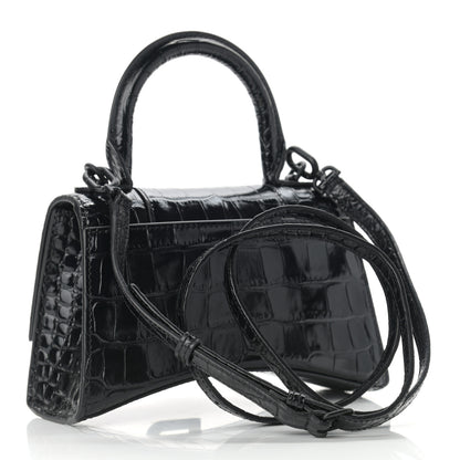 Balenciaga Shiny Calfskin Monochrome Crocodile Embossed Hourglass Top Handle Bag XS Black 3 of 11