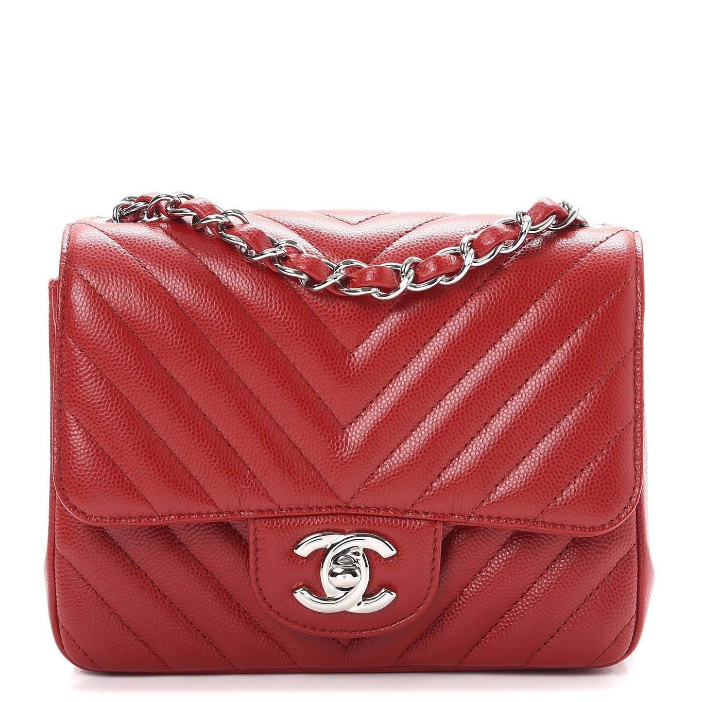 Caviar Chevron Quilted Mini Square Flap Dark Red