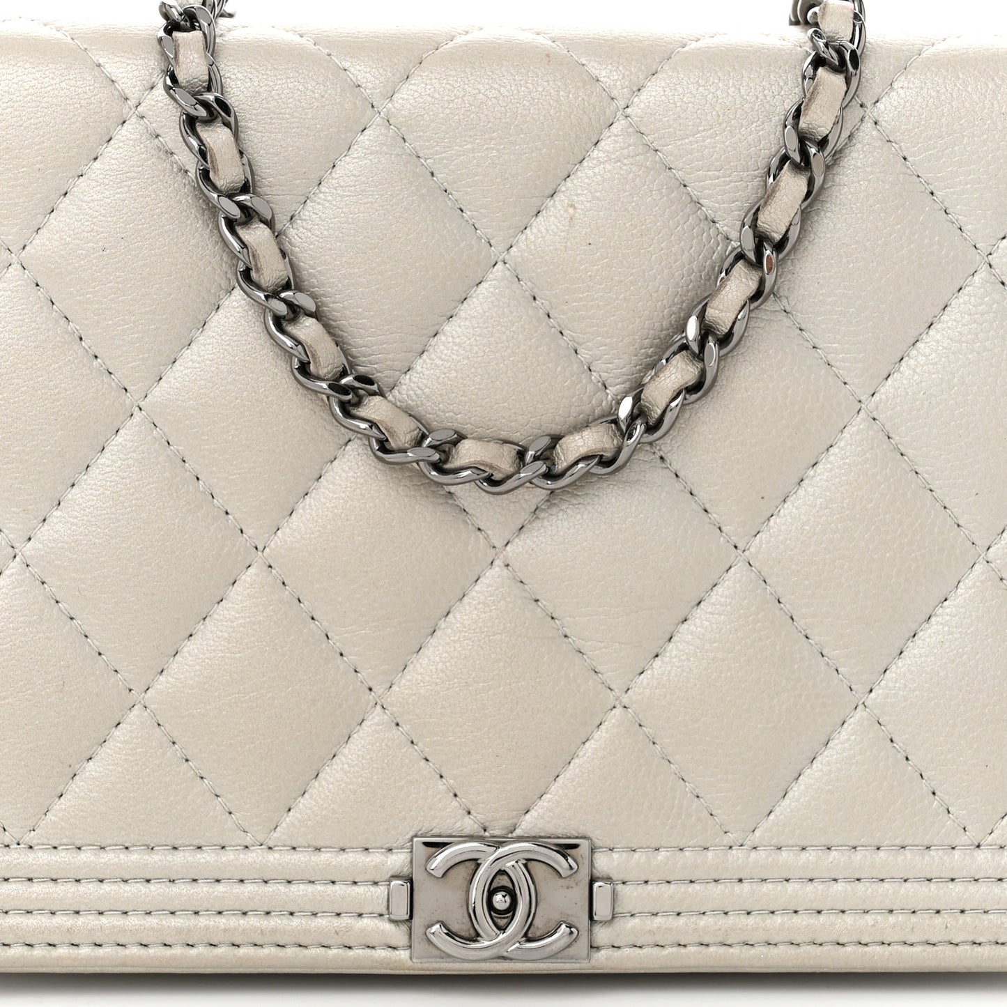 Metallic Caviar Quilted Boy Wallet On Chain WOC Silver