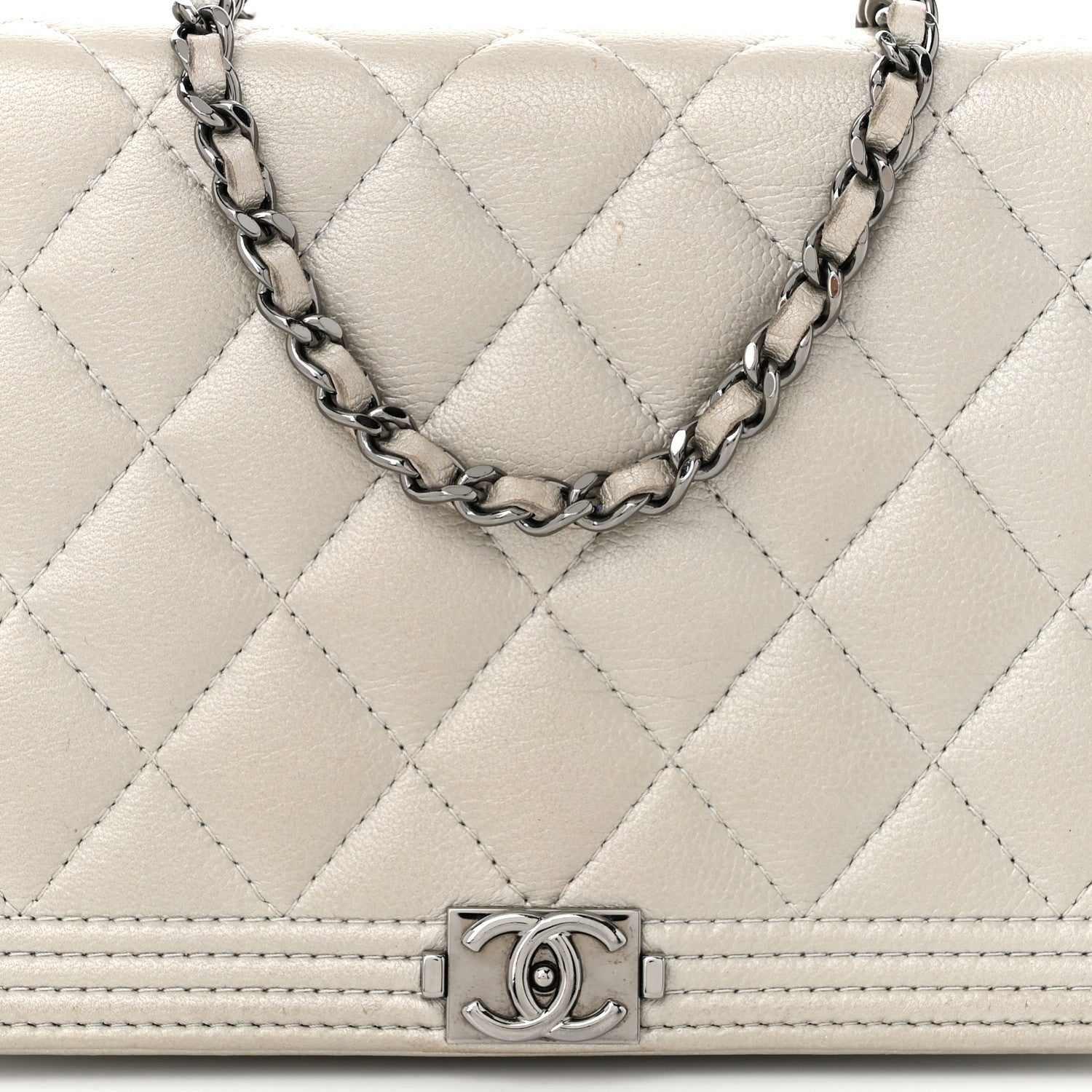 Chanel Metallic Caviar Quilted Boy Wallet On Chain WOC Silver 9 of 14