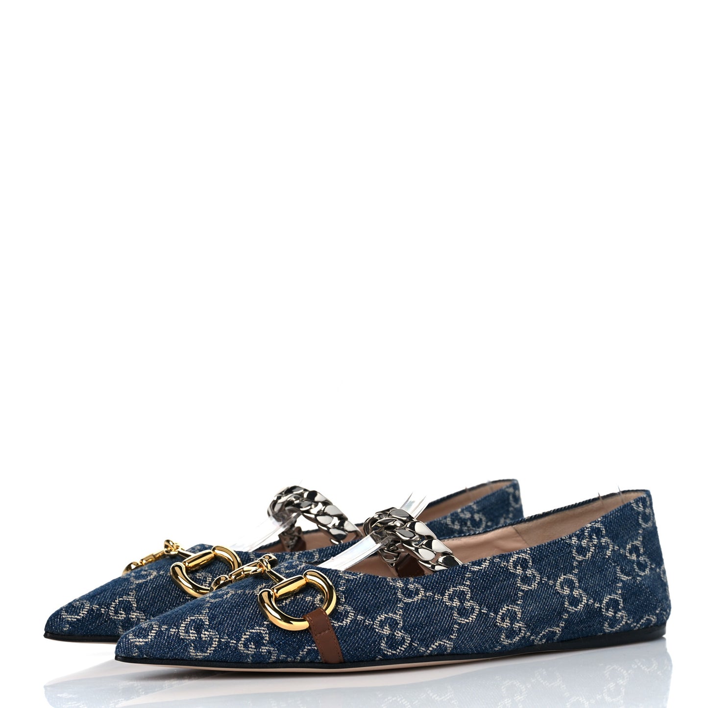 New Denim GG Monogram Deva Horsebit Chain Embellished Flats 38 Blue Tea