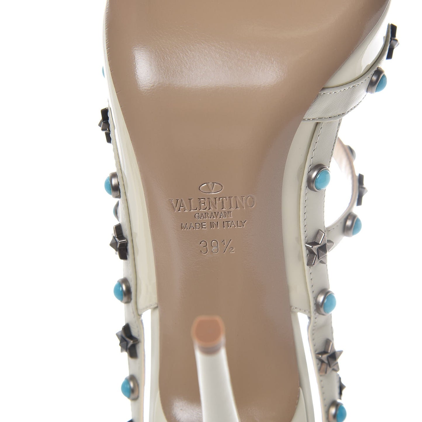 Patent Stars Turquoise Rockstud Rolling Ankle Strap 100mm Pumps 39.5 Ivory