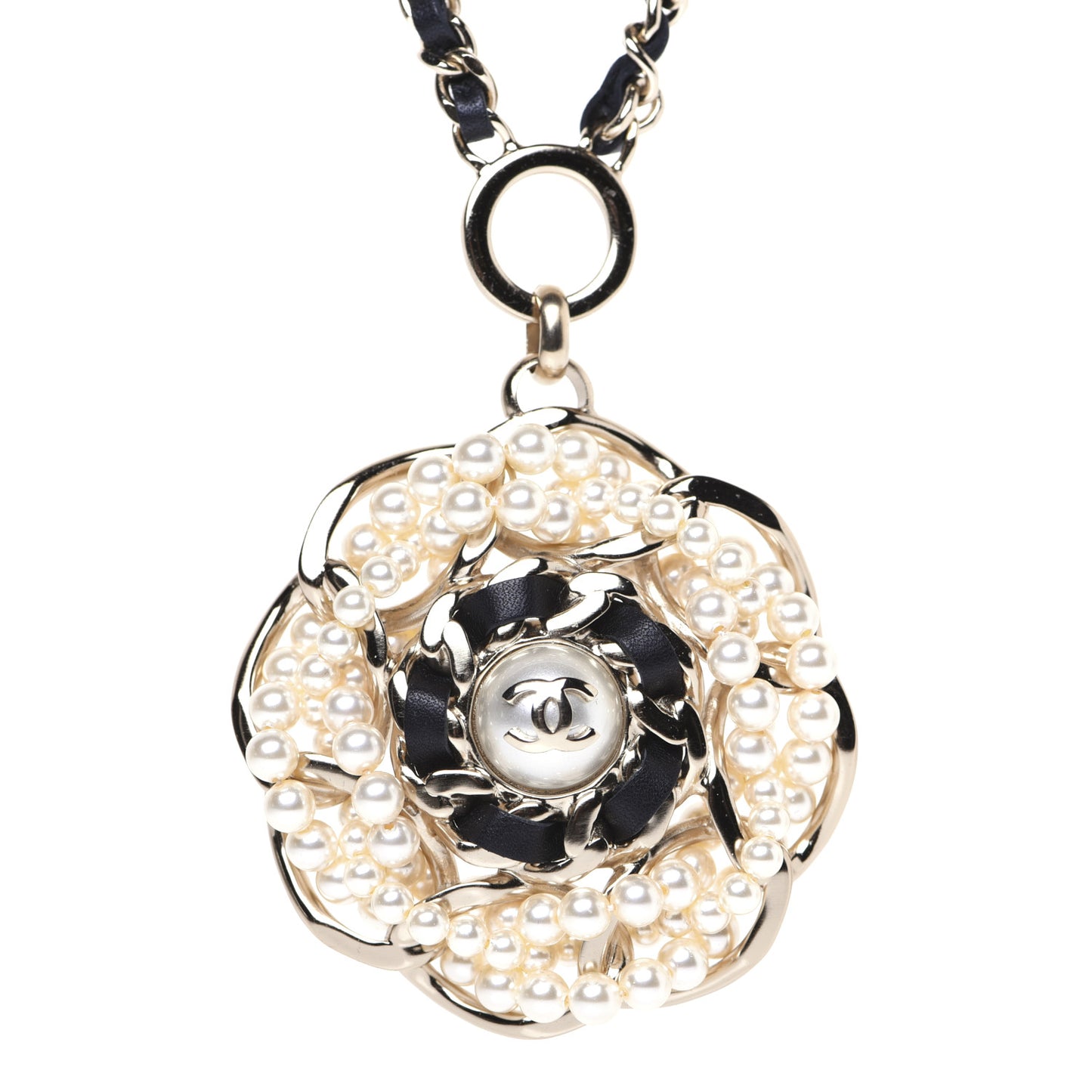 Lambskin Pearl CC Camellia Chain Necklace Gold