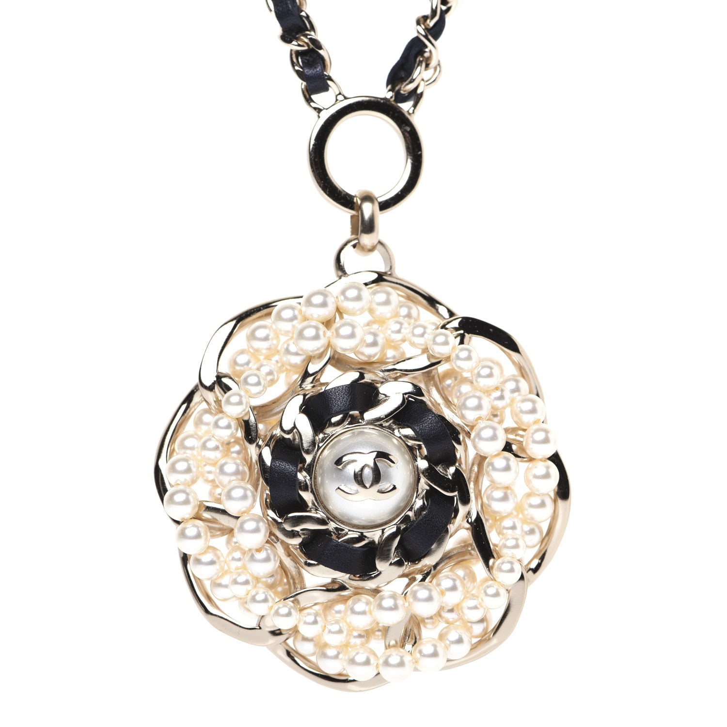 Chanel Lambskin Pearl CC Camellia Chain Necklace Gold 4 of 10