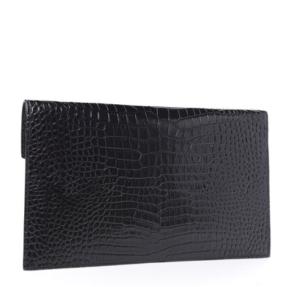 Saint Laurent Calfskin Crocodile Embossed Uptown Monogram Clutch Black 3 of 7