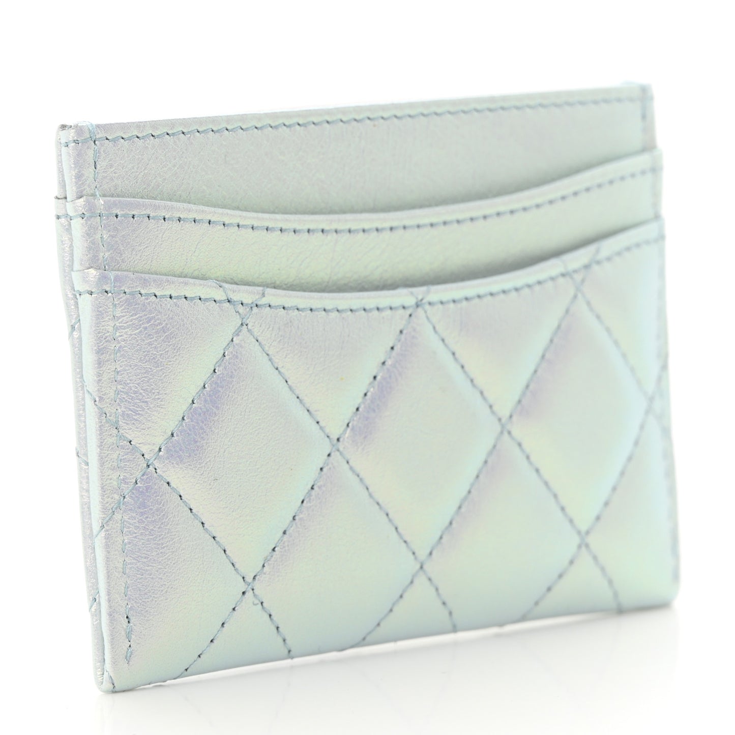Iridescent Calfskin Quilted Card Holder Light Blue