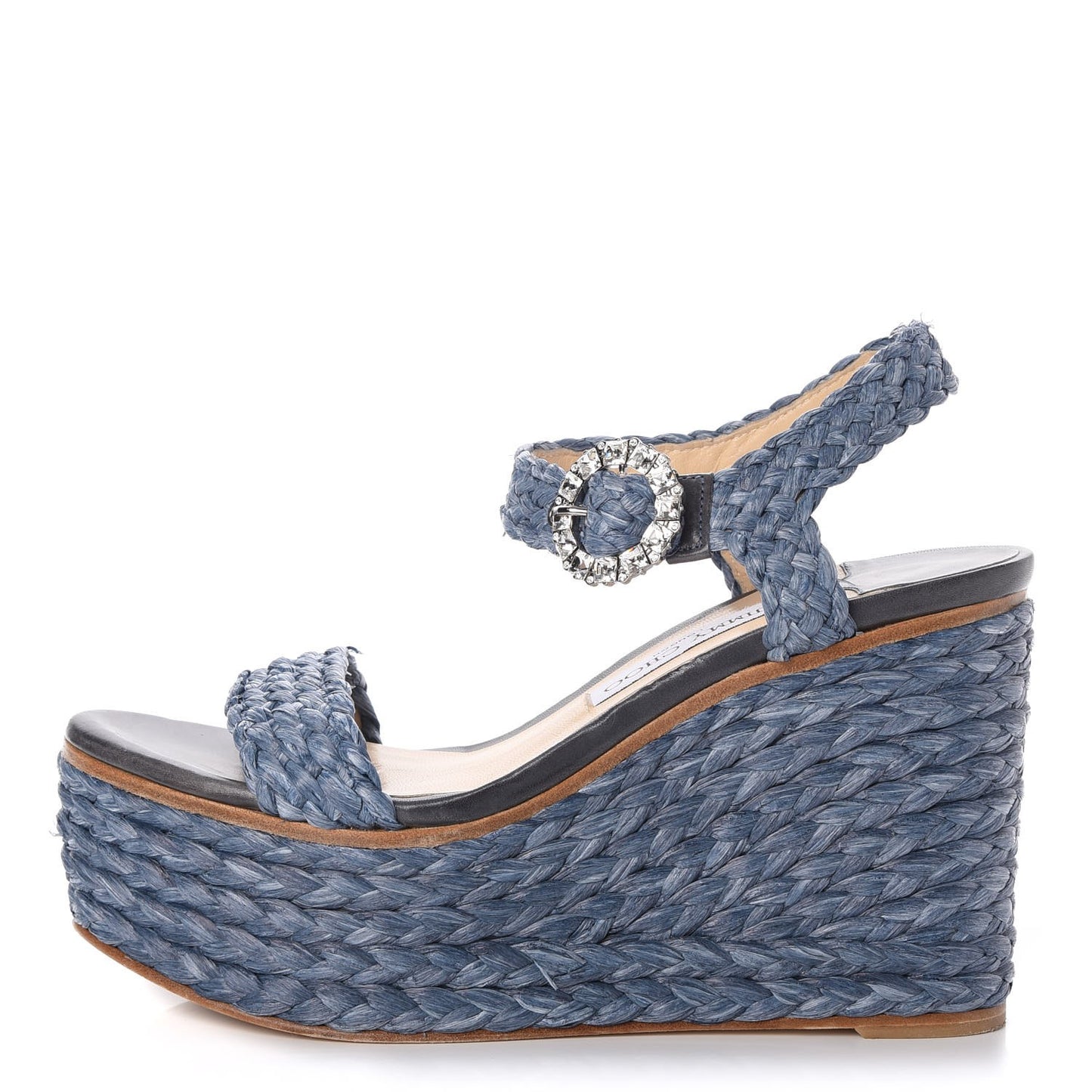 Woven Raffia Crystal Buckle Nylah 100 Platform Wedges 39 Dusk Blue