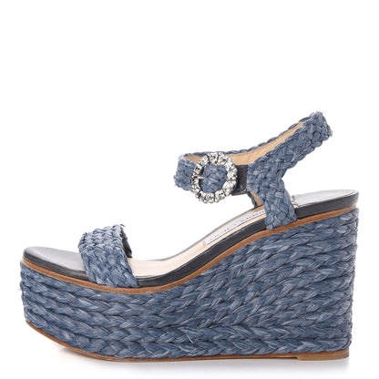 Jimmy Choo Woven Raffia Crystal Buckle Nylah 100 Platform Wedges 39 Dusk Blue 1 of 20