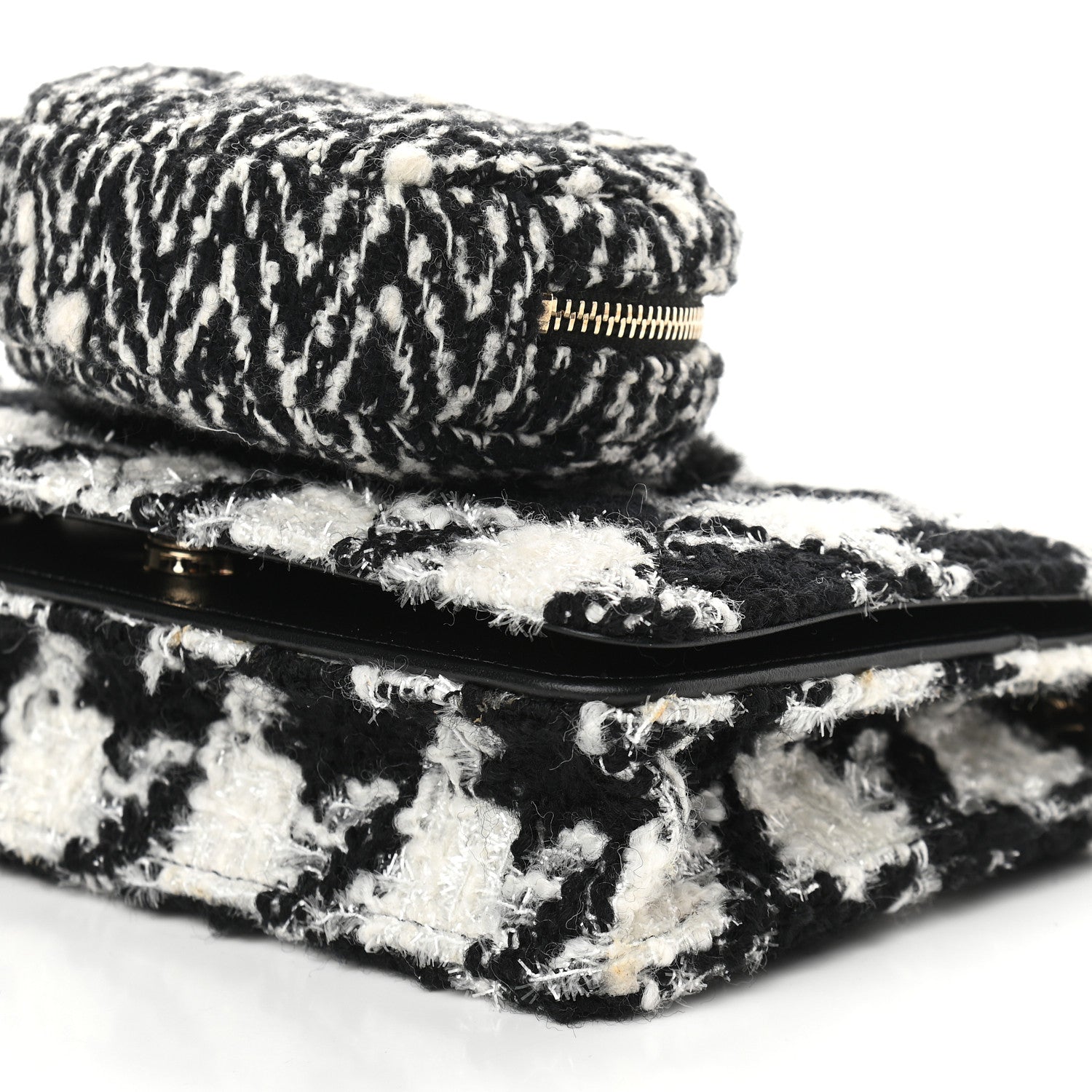 Chanel Tweed Shearling Quilted Chanel Wallet On Chain WOC and Coin Purse White Black 10 of 10