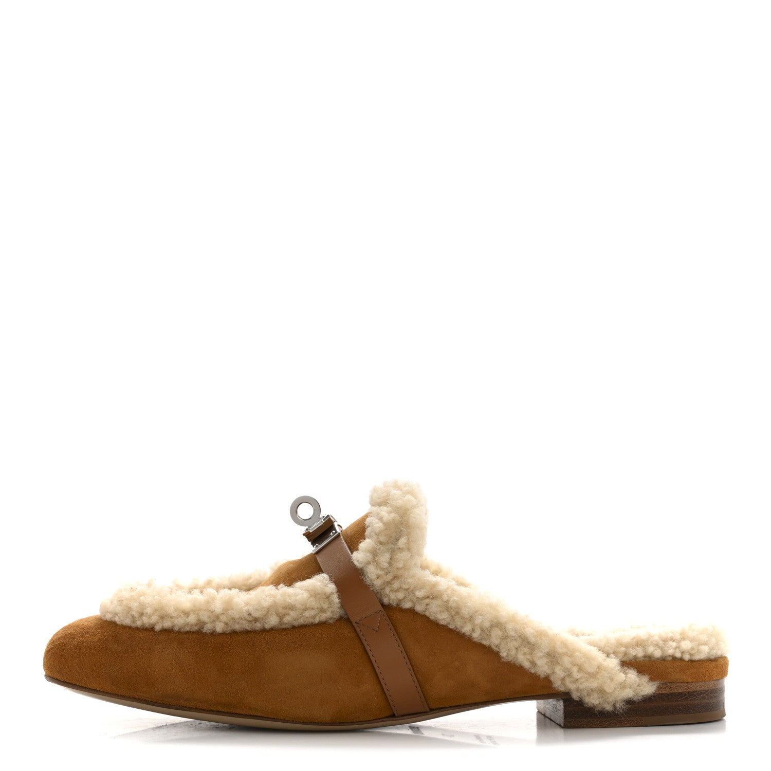 Hermes Suede Goatskin Woolskin Womens Oz Mules 37 Naturel 1 of 10