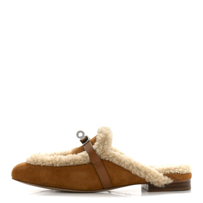 Hermes Suede Goatskin Woolskin Womens Oz Mules 37 Naturel 1 of 10