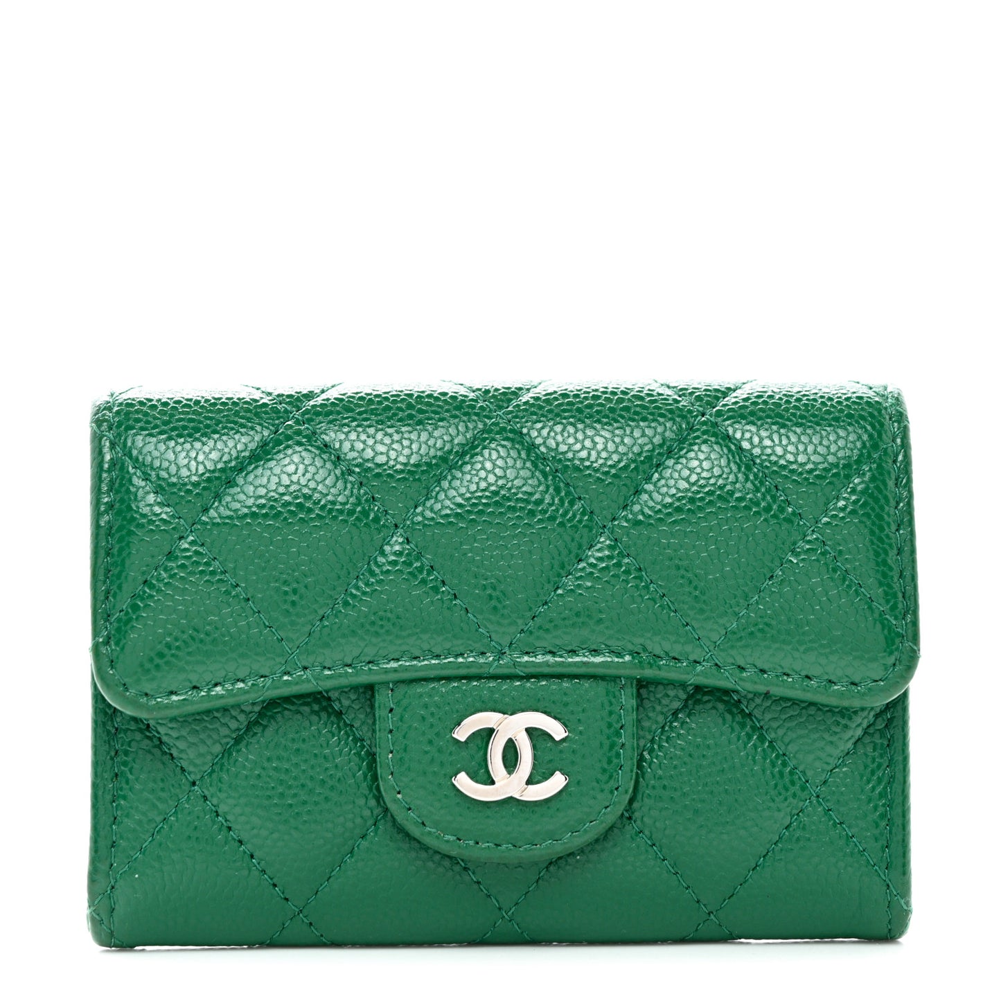 Caviar Quilted Flap Card Holder Wallet Green
