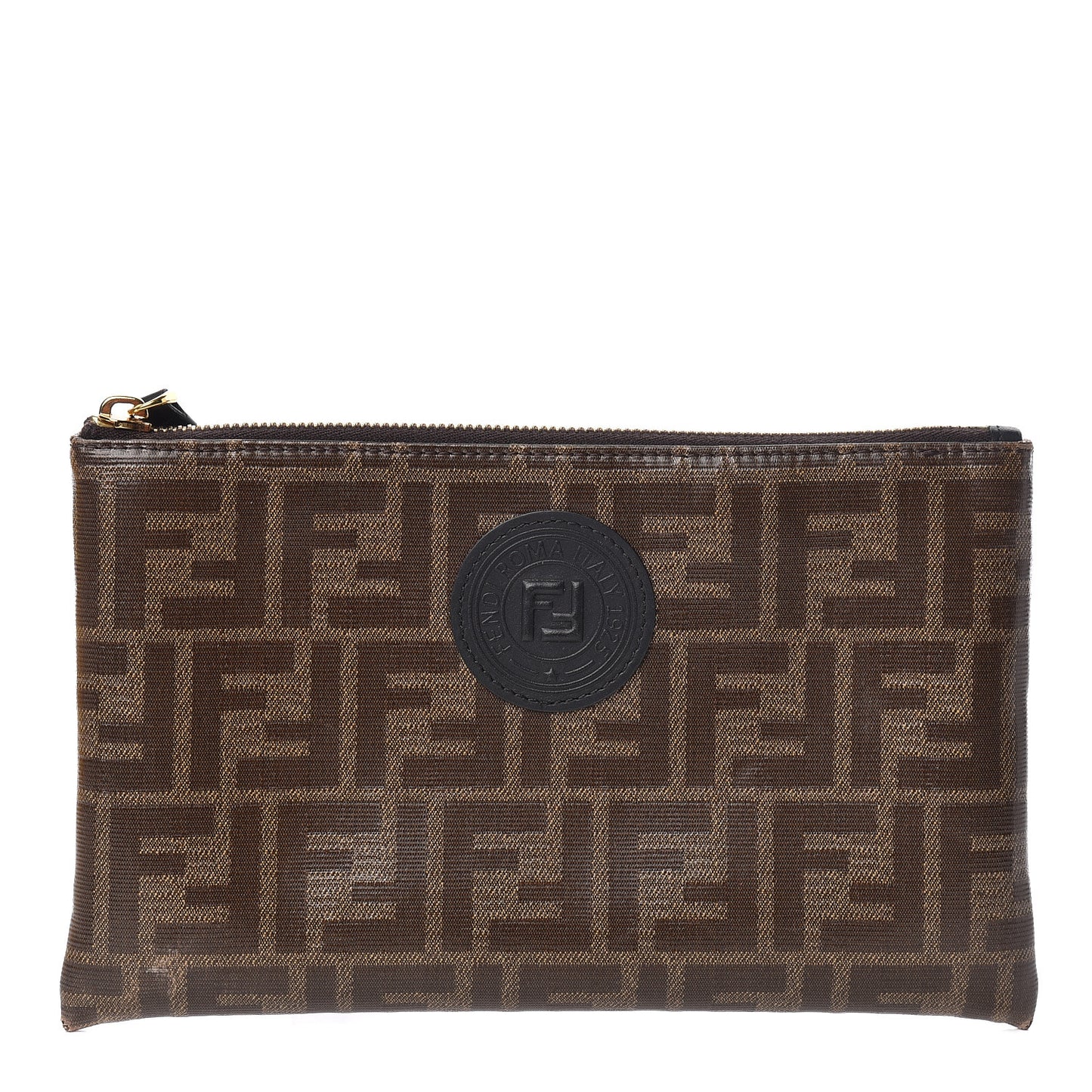Glazed Fabric Vitello Century FF 1974 Stamp Patch Small FFreedom Flat Pouch Mogano Panna Black