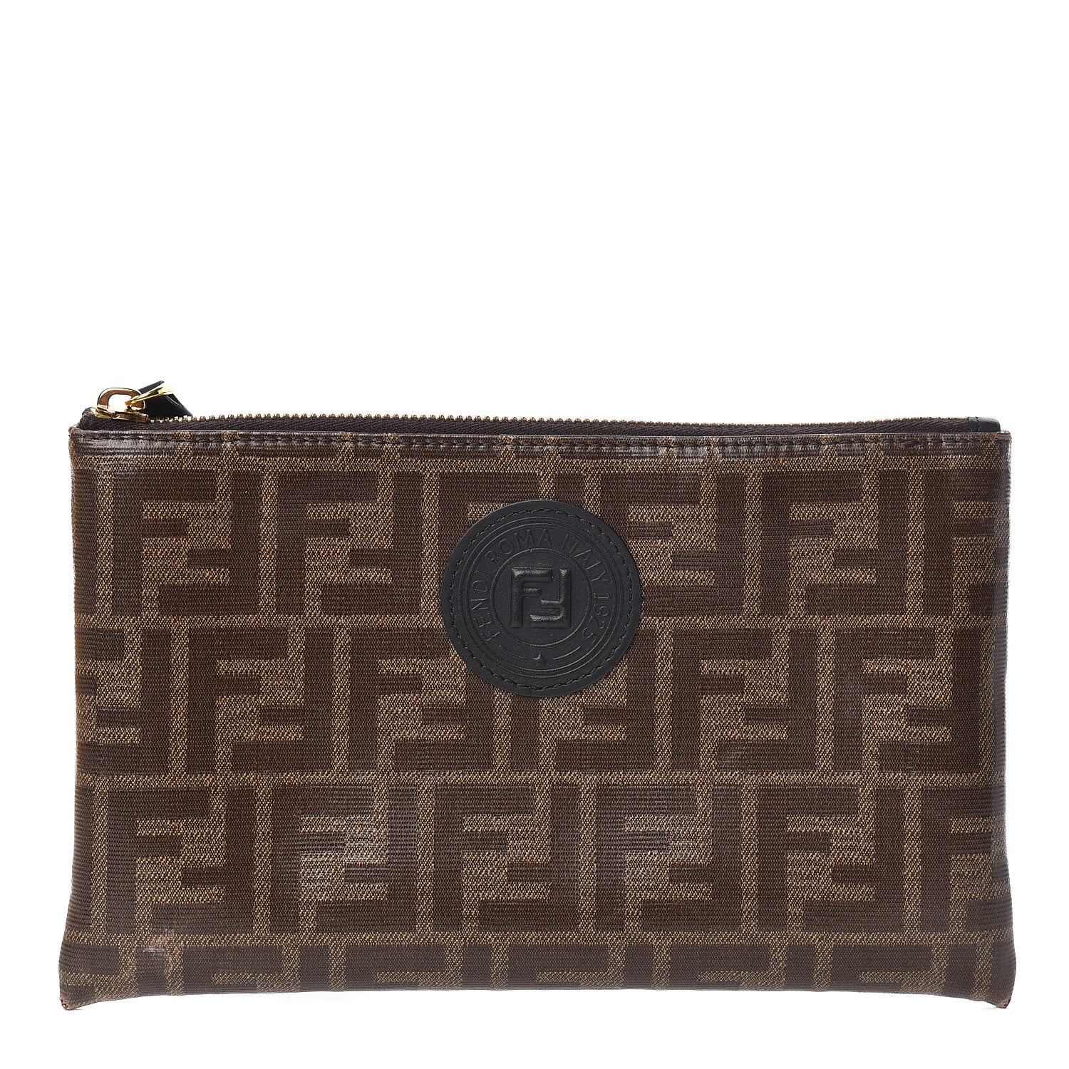 Fendi Glazed Fabric Vitello Century FF 1974 Stamp Patch Small FFreedom Flat Pouch Mogano Panna Black 1 of 10