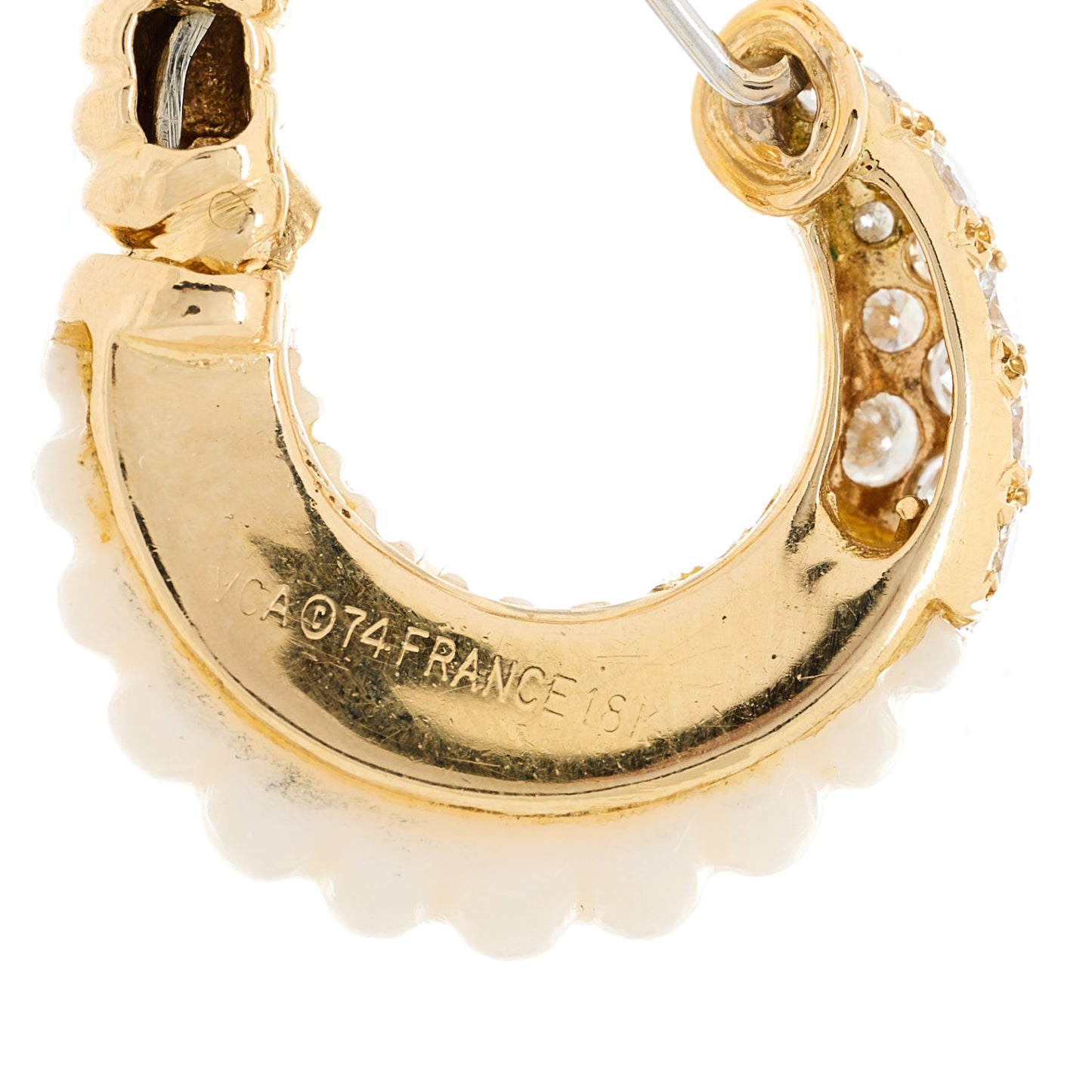 18K Yellow Gold Diamond White Coral Creole Hoop Earrings