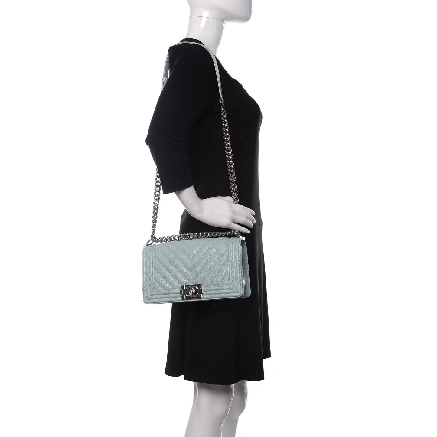 Caviar Chevron Quilted Medium Boy Flap Light Blue