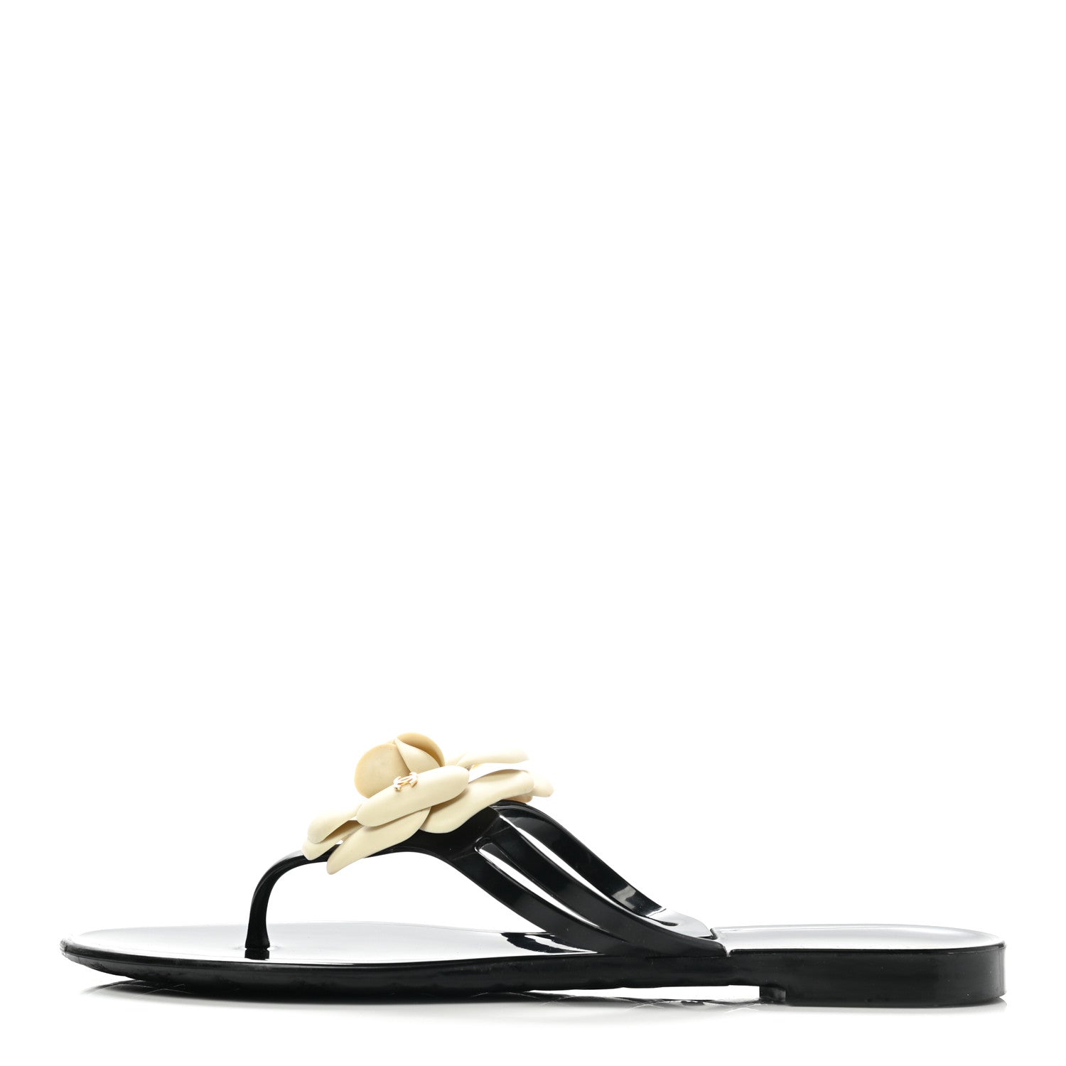 Chanel Jelly Camellia Thong Sandals 37 Black Ivory 1 of 9