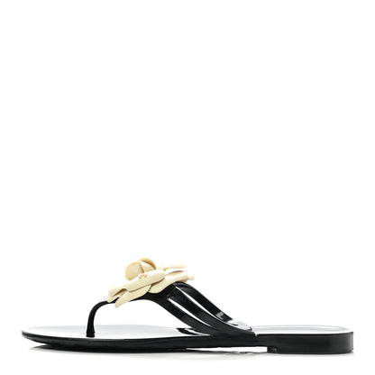 Chanel Jelly Camellia Thong Sandals 37 Black Ivory 1 of 9