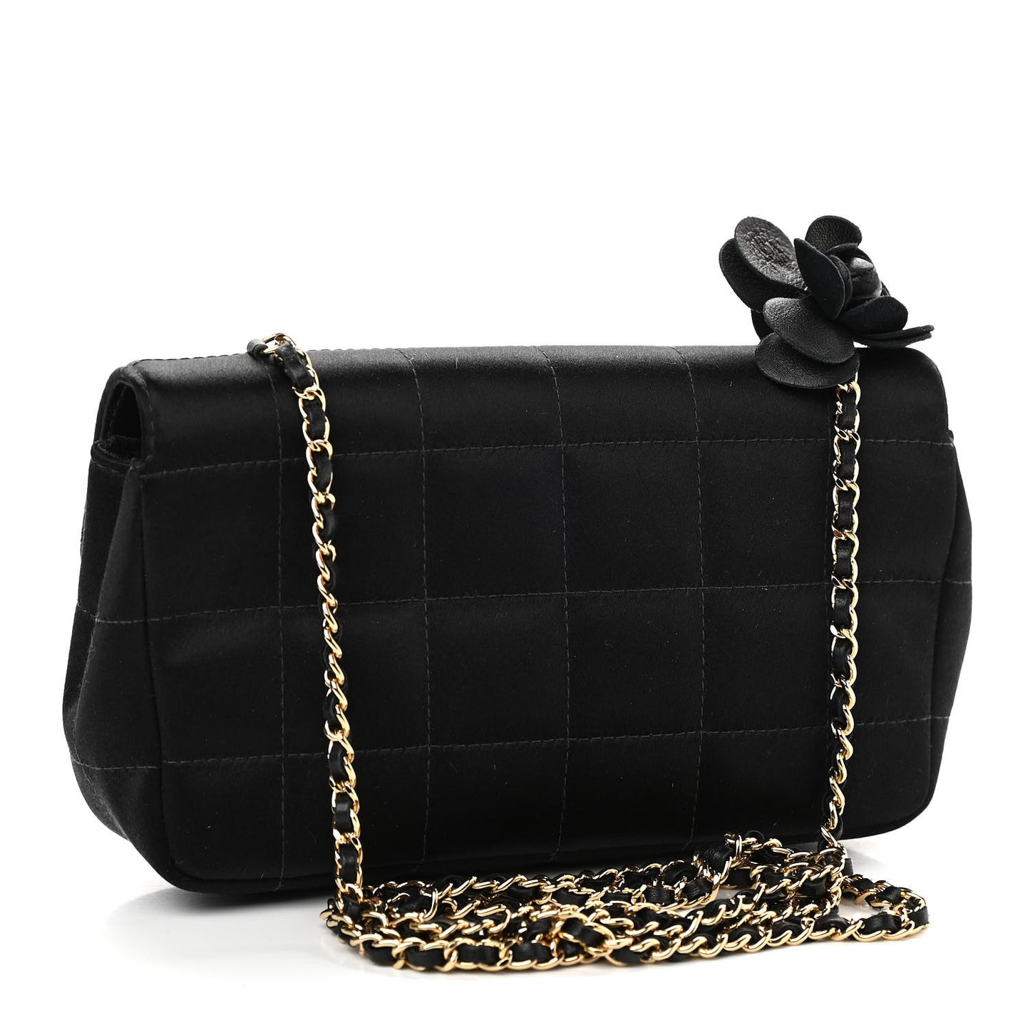 Satin Chocolate Bar Quilted Camellia Rectangular Mini Flap Black