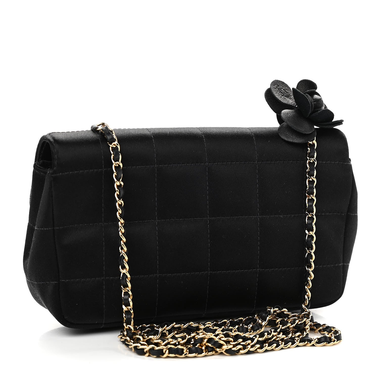 Chanel Satin Chocolate Bar Quilted Camellia Rectangular Mini Flap Black 3 of 10