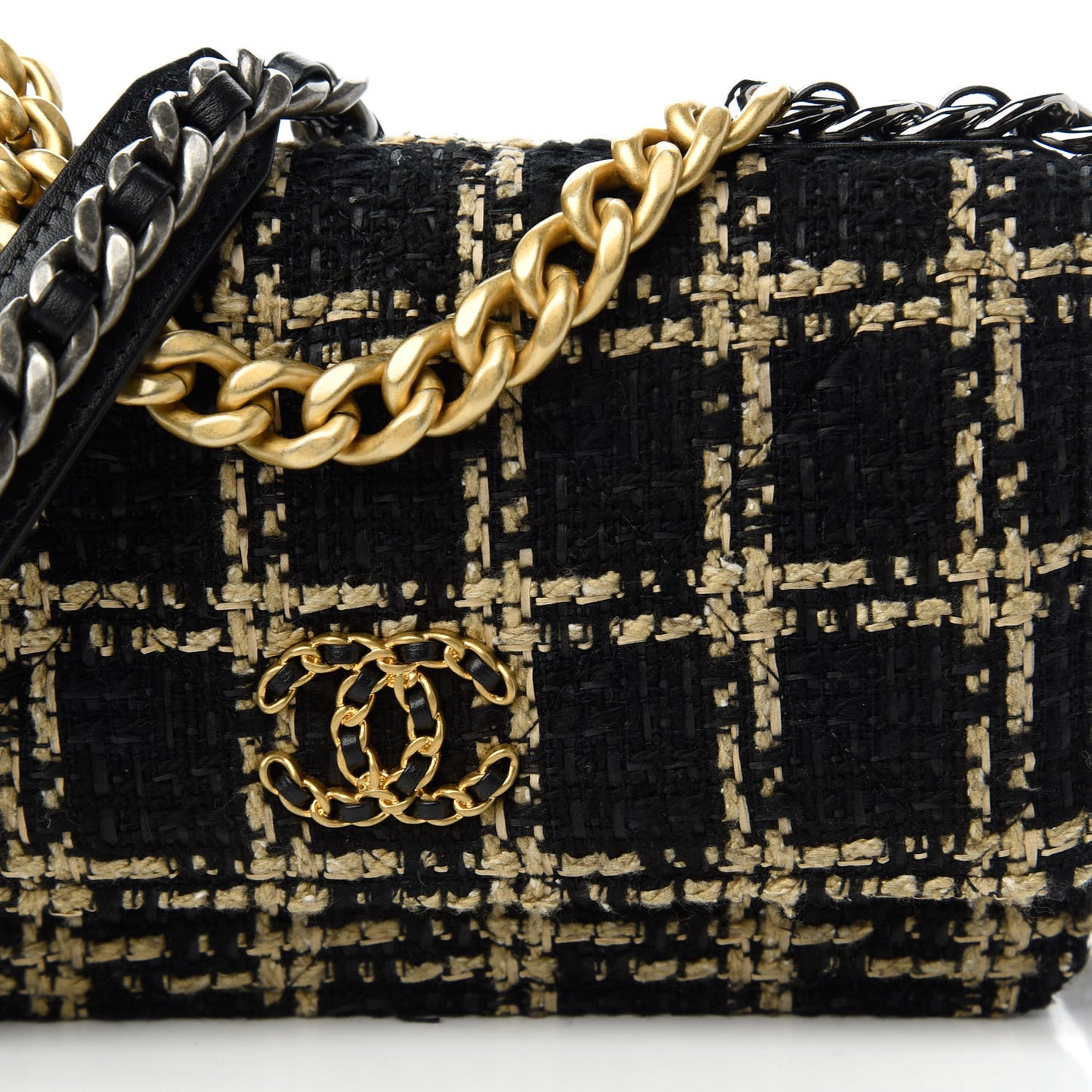 Tweed Quilted Chanel 19 Wallet On Chain WOC Black Beige