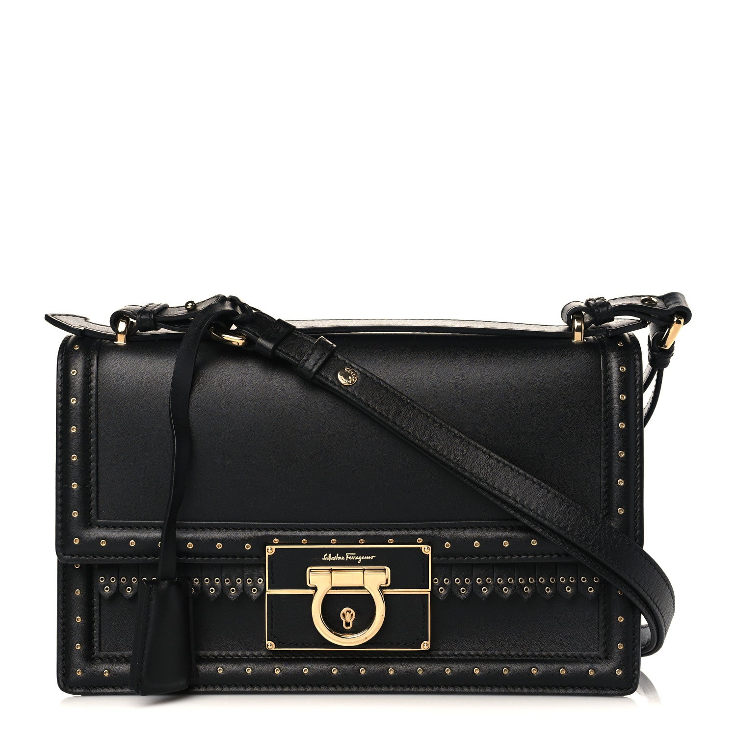Salvatore Ferragamo Smooth Calfskin Studded Aileen Gancio Lock Shoulder Bag Black 1 of 8