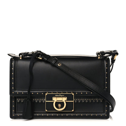 Salvatore Ferragamo Smooth Calfskin Studded Aileen Gancio Lock Shoulder Bag Black 1 of 8