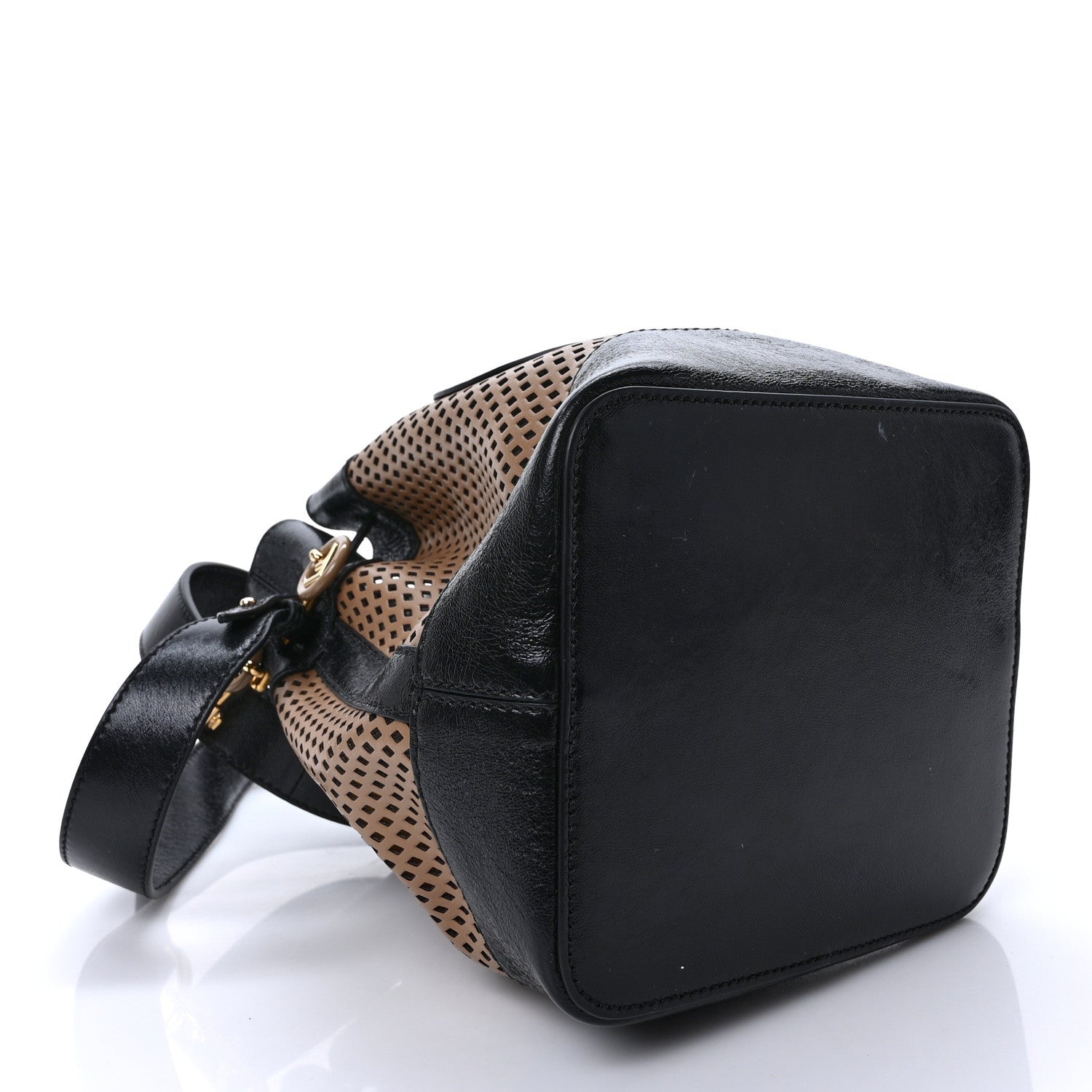Fendi Vitello Liberty Glossy Lambskin F is Fendi Perforated Mini Mon Tresor Bucket Bag Sand Mimosa Black 4 of 9