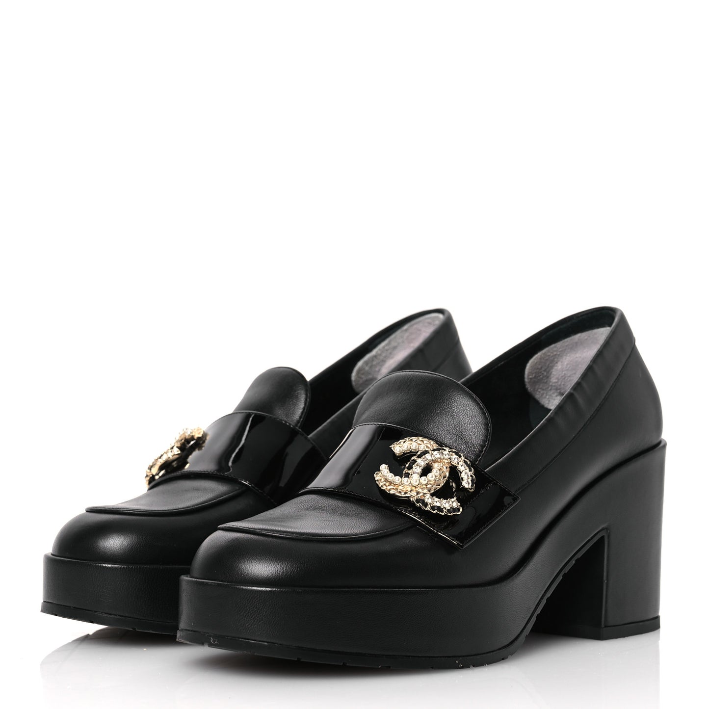 Lambskin Pearl Crystal Quilted CC Loafers 38 Black