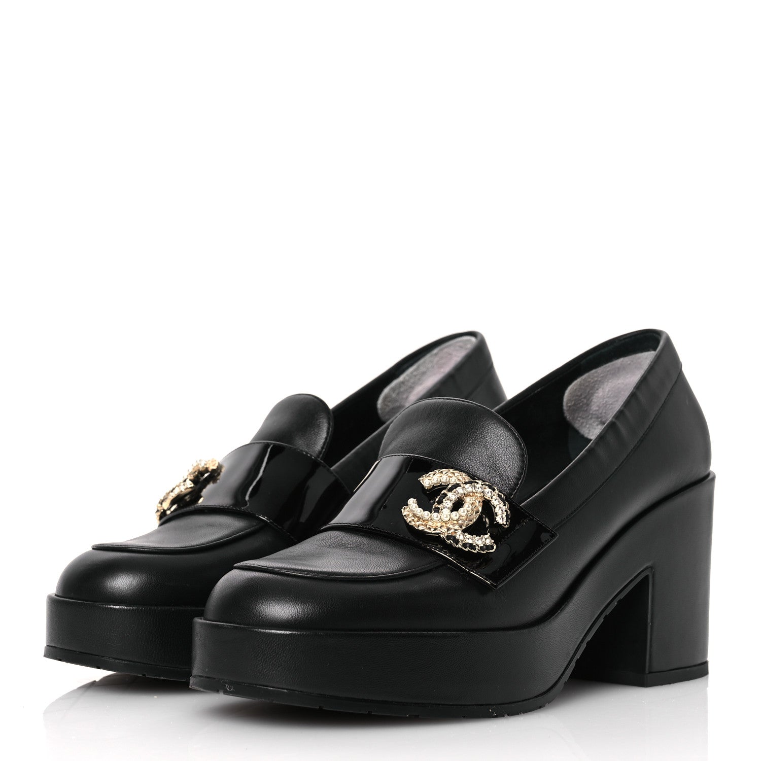 Chanel Lambskin Pearl Crystal Quilted CC Loafers 38 Black 4 of 17
